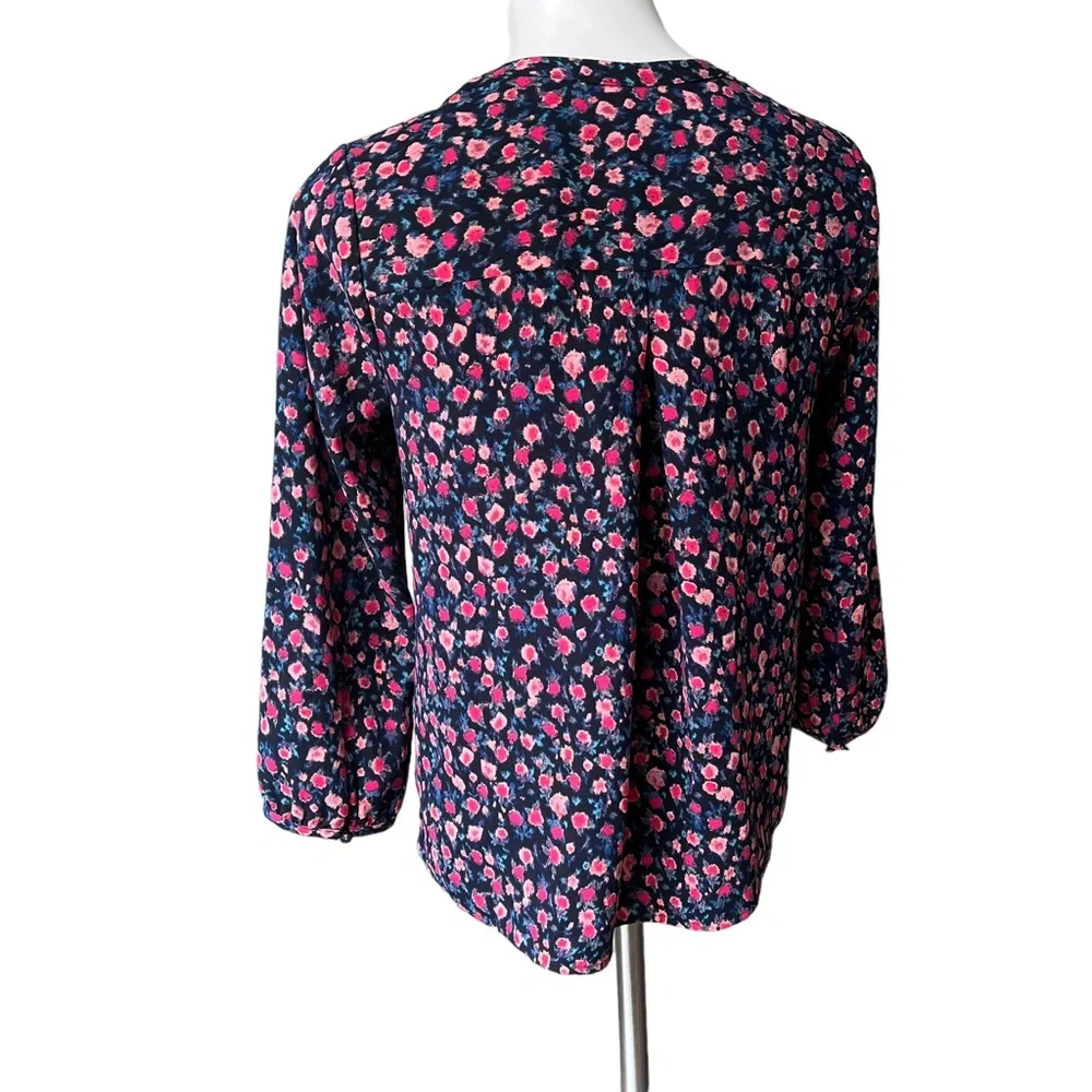J. Crew Open V-Neck Top Dotted Floral Small Blue Pink Crepe Long Sleeve, Sz XS - Picture 9 of 13